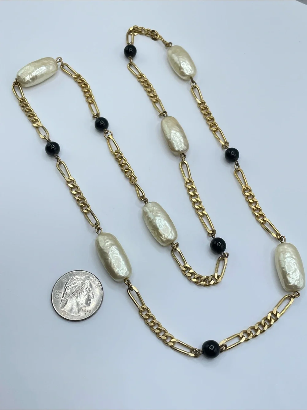 Gold Tone Faux Pearl Black Crystal Bead Long Statement Necklace